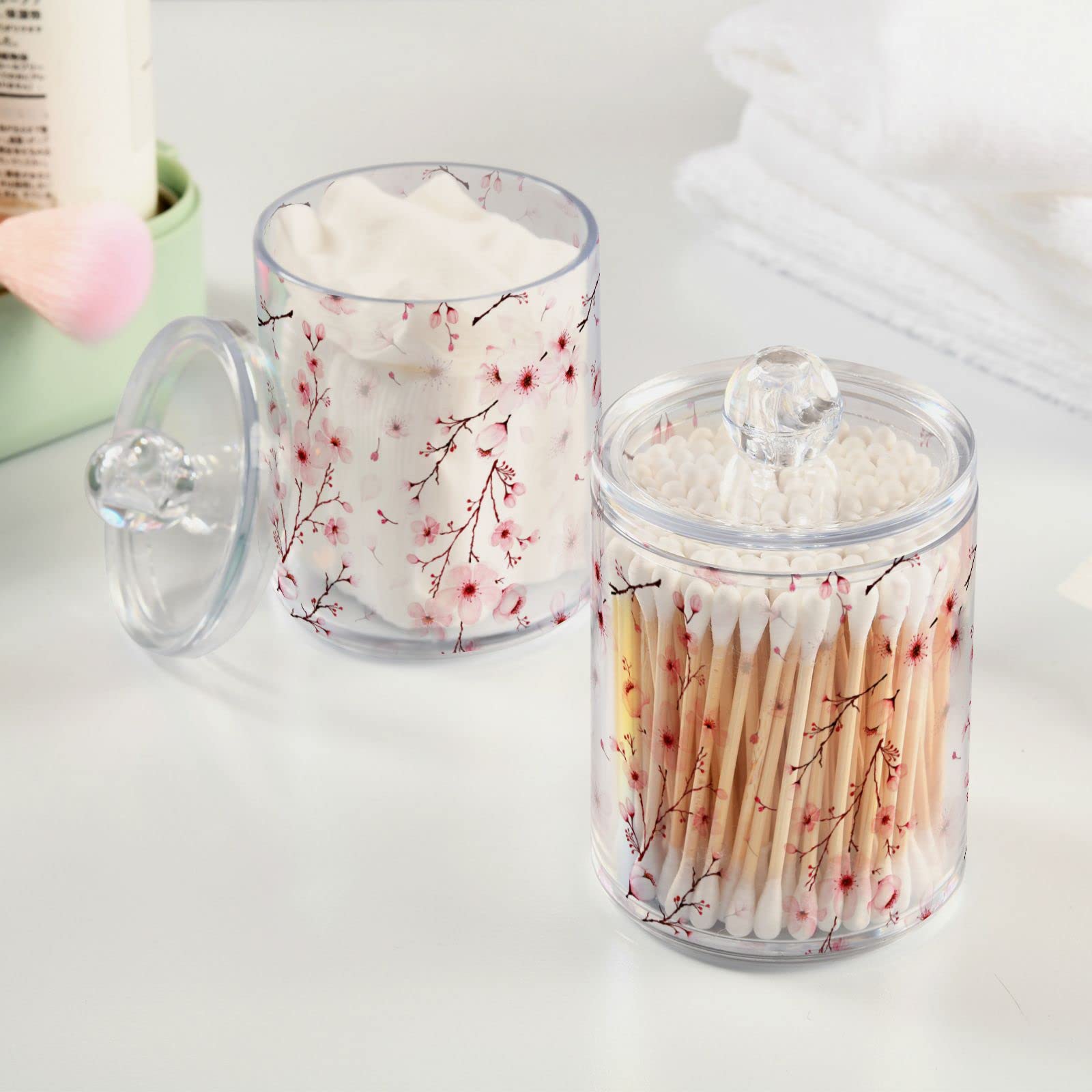 senya Clear Plastic Jars Cotton Swabs Cans, Cherry Blossom Branche Bathroom Canisters Storage Organizer with Lids 2PCs Set for Cotton Ball, Cotton Swab, flossers, Hair Bands