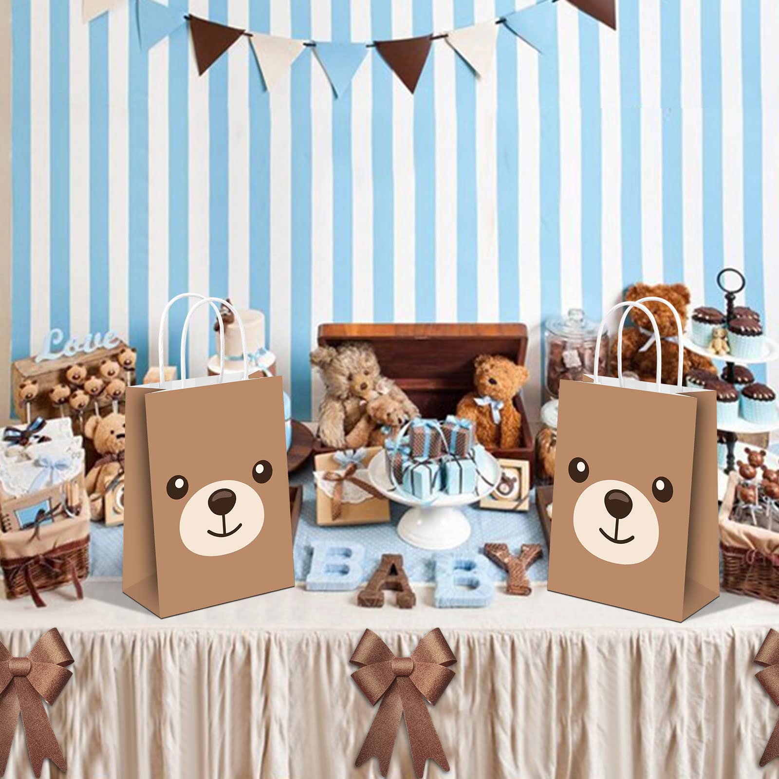 KERINGO 16 PCS Party Bags for Bear Party Decorations for Bear Baby Shower Party Bags Gift Treat Bags Paper Goody Candy Snack Bags for Kids Boy Girl Birthday Party Supplies and Decor