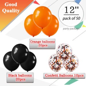 Orange and Black Balloons 50 Pack 12 Inch Black Orange Confetti Balloon Halloween Latex Party Balloons with 2 rolls of ribbon for Halloween Birthday Party Decorations