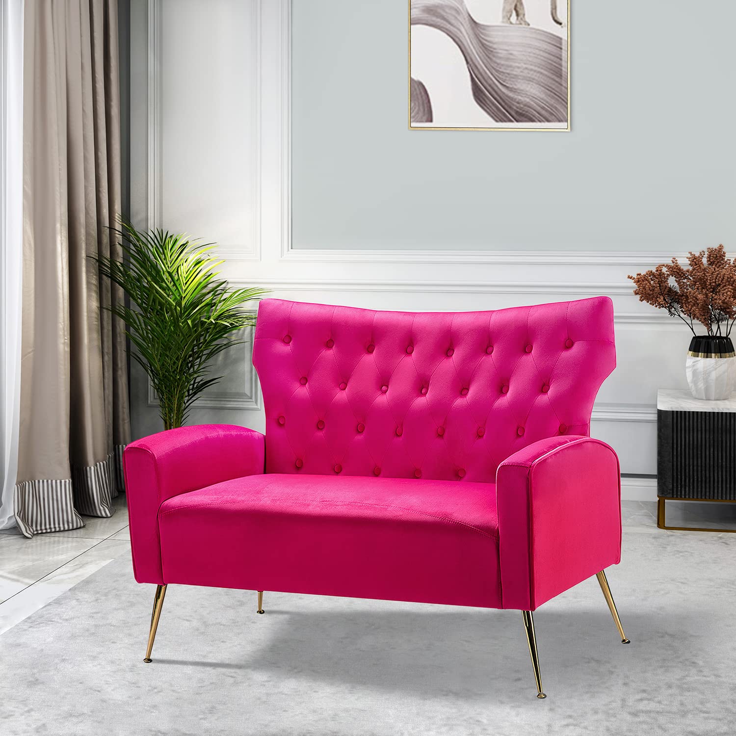 HULALA HOME Velvet Loveseat Sofa with Wingback & Gold Legs, Modern Button-Tufted 2-Seater Sofa for Living Room Bedroom, Comfy Upholstered Small Love Seat Couch, Fushia