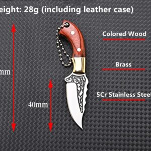 SZHOWORLD Ultra Small Fixed Blade Knife, 1.57 inch 5Cr Stainless Steel Blade with Brass+Colored Wood Handle, Mini Knife/Box Cutter with Leather Sheath for EDC Gift Collection Cutting