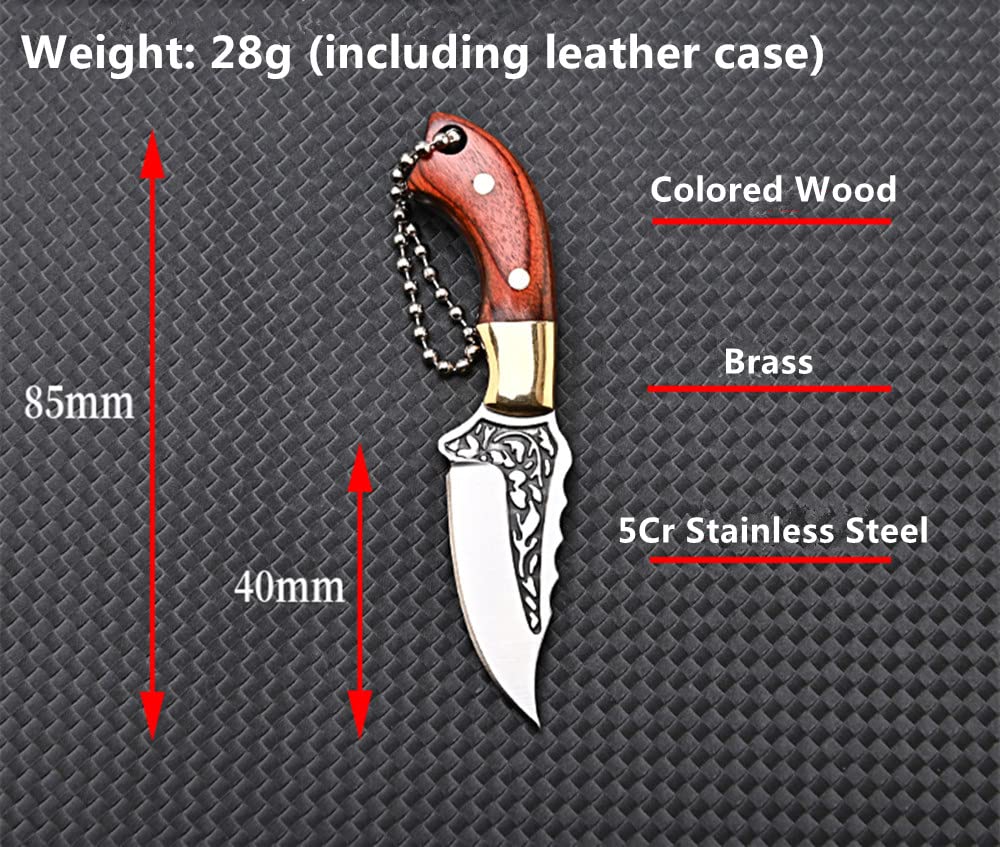 SZHOWORLD Ultra Small Fixed Blade Knife, 1.57 inch 5Cr Stainless Steel Blade with Brass+Colored Wood Handle, Mini Knife/Box Cutter with Leather Sheath for EDC Gift Collection Cutting