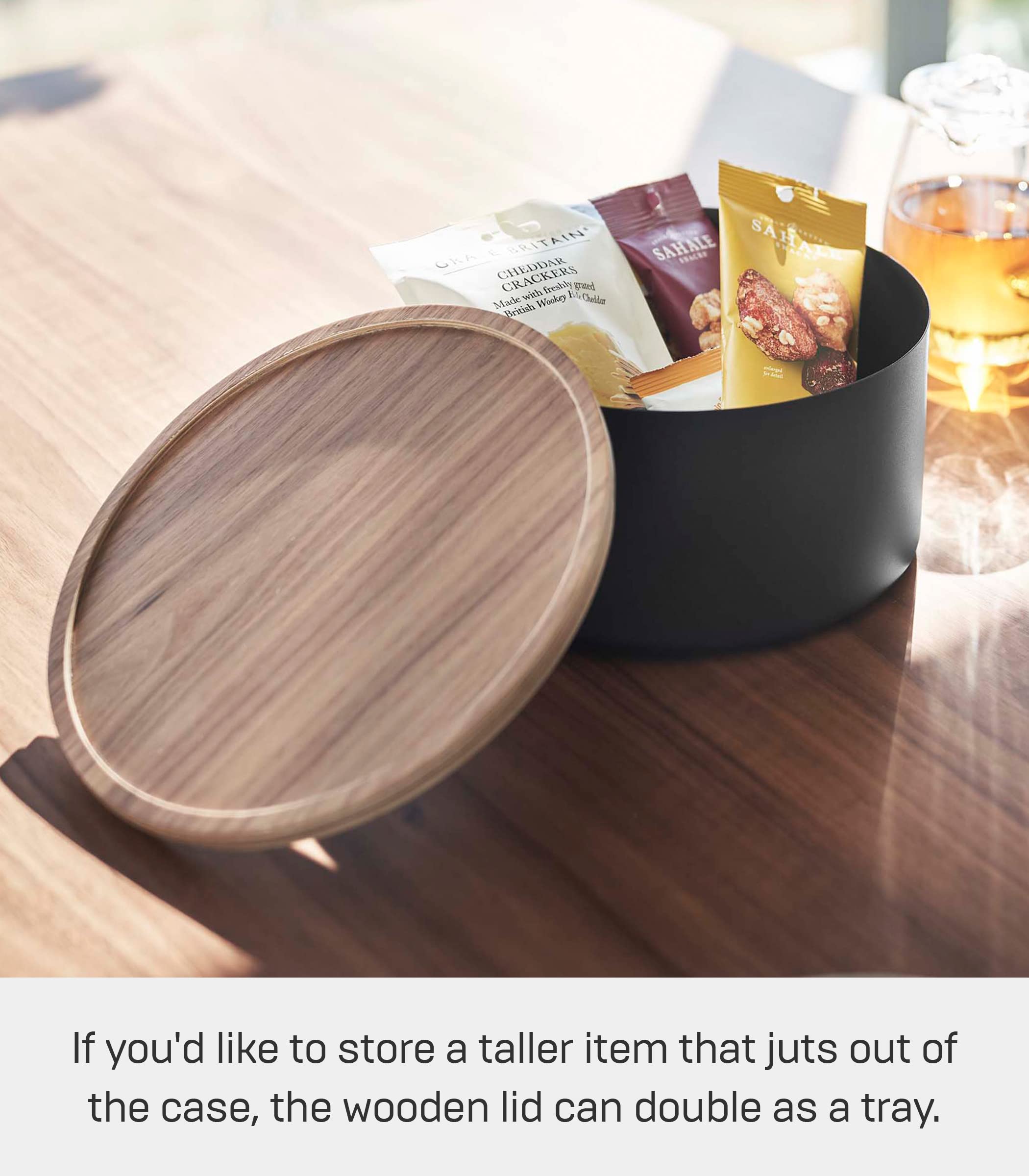 Yamazaki Home Rin Round Storage Case, Snacks, Toy, Or Craft Supplies Holder, Sewing Box Organizer, Wooden Lid Tray - Tall - Steel + Wood