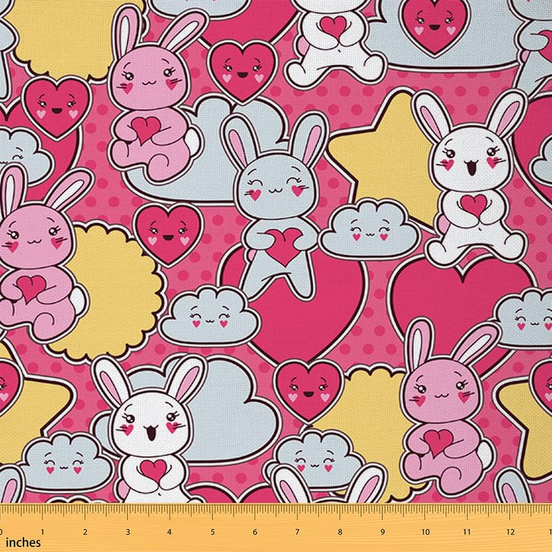 Feelyou Cartoon Rabbits Fabric by The Yard, Cute Pink Bunnies Kids Theme Illustration Fabric for Chairs and Home DIY Projects, Heart and Clouds Pattern Decorative Waterproof Fabric, 1 Yard