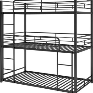 DNYN Twin Triple Bunk Bed with Built-in Ladder,Twin-Over-Twin-Over-Twin Size Metal Bunkbeds w/Safety Guardrails for Kids/Teen/Adults Bedroom,Home Furniture for Dorm,Guest Room, Black