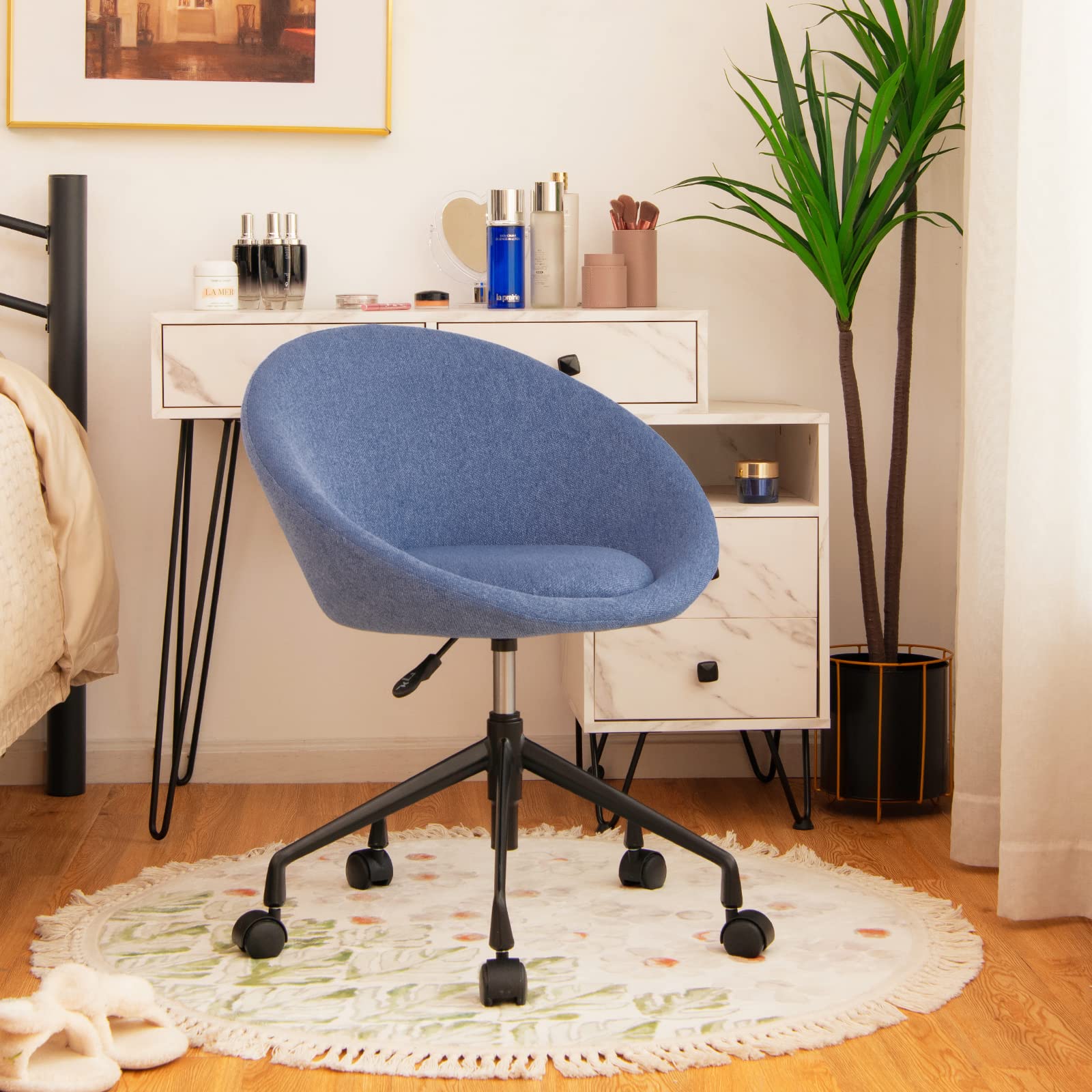 Giantex Armless Office Chair Grey, Modern Fabric Cute Desk Chair with Wheels and Circular Back, Adjustable Swivel Task Computer Chair, Comfy Vanity Makeup Chair for Small Spaces Home Office