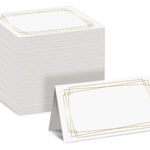 Better Office Products 100 Pack Place Cards, 2 x 3.5 in, White with Modern Metallic Gold Geometric Border, Folded Table Tent Cards for Weddings, Dinner Parties, Buffet Banquets,(100 Count)