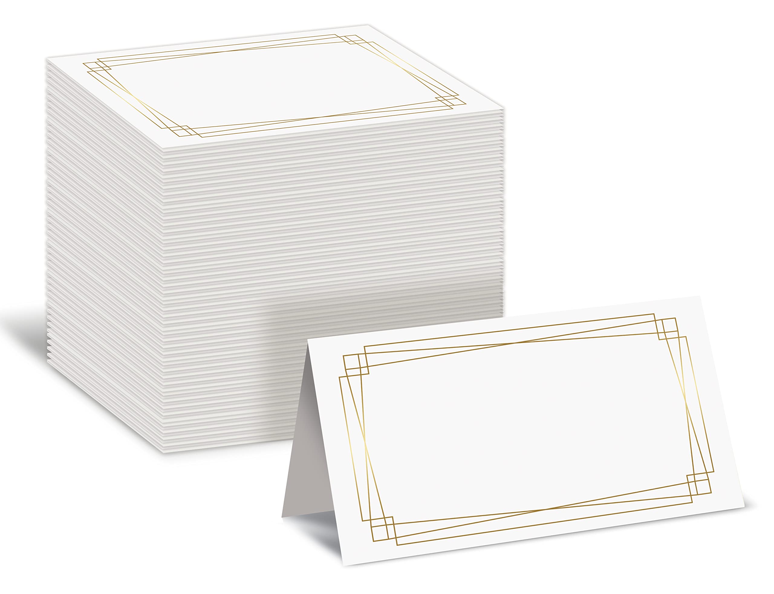 Better Office Products 100 Pack Place Cards, 2 x 3.5 in, White with Modern Metallic Gold Geometric Border, Folded Table Tent Cards for Weddings, Dinner Parties, Buffet Banquets,(100 Count)