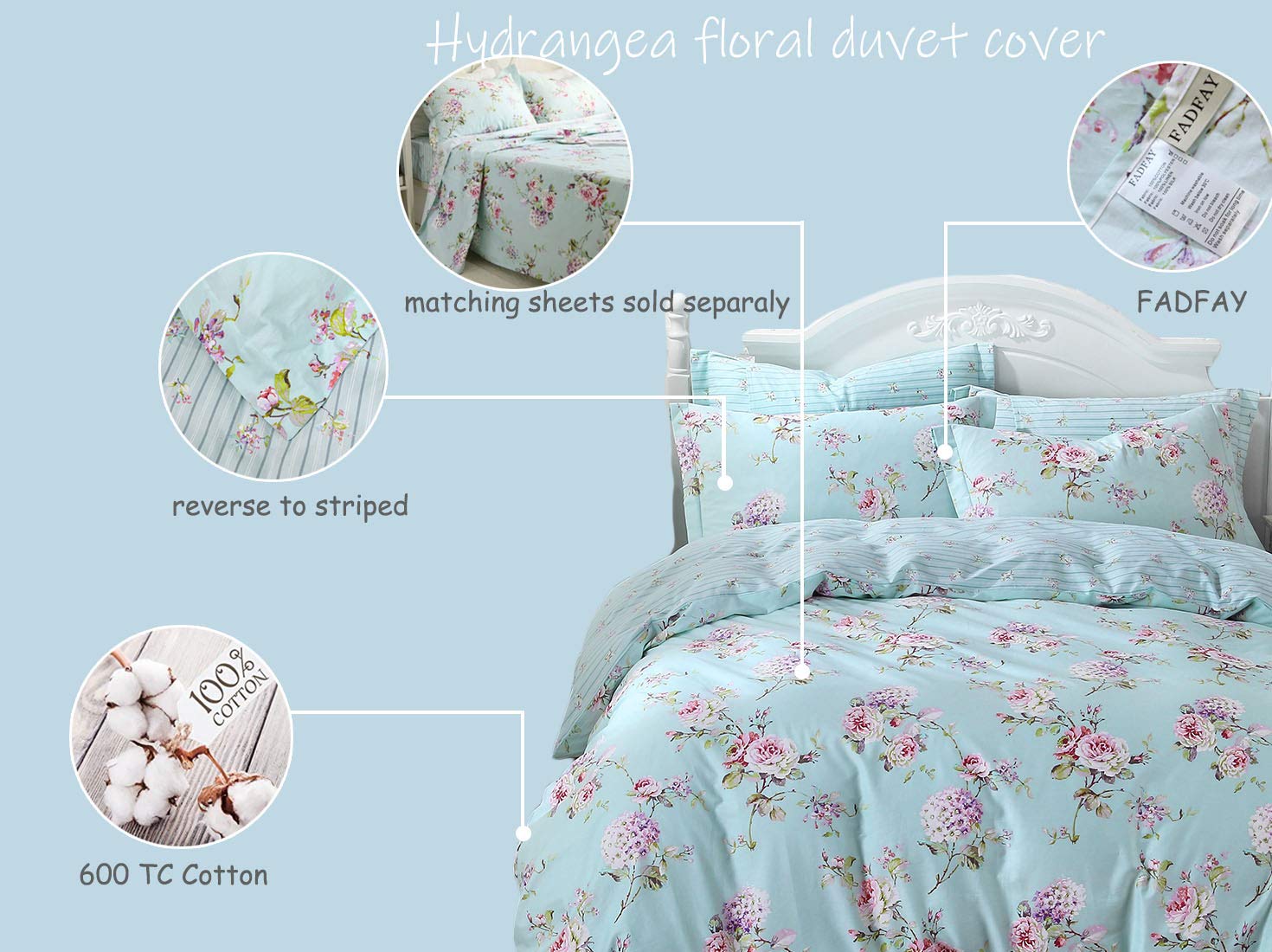 FADFAY 7-Piece 100% Cotton Complete Bedding Sets Full Size Sheet Set + Duvet Cover, Soft Blue Shabby Floral Deep Pocket Bed in a Bag (1 Duvet Cover, 1 Fitted Sheet, 1 Flat Sheet + 4 Pillowcases)