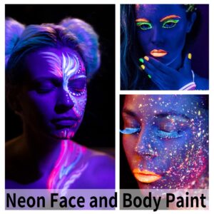 Boobeen Face & Body Paint Neon Fluorescent Glow Water Based Face Painting Kit UV Glow Water Activated Body Paint, in Dark Party Supplies, Set of 6 Tubes