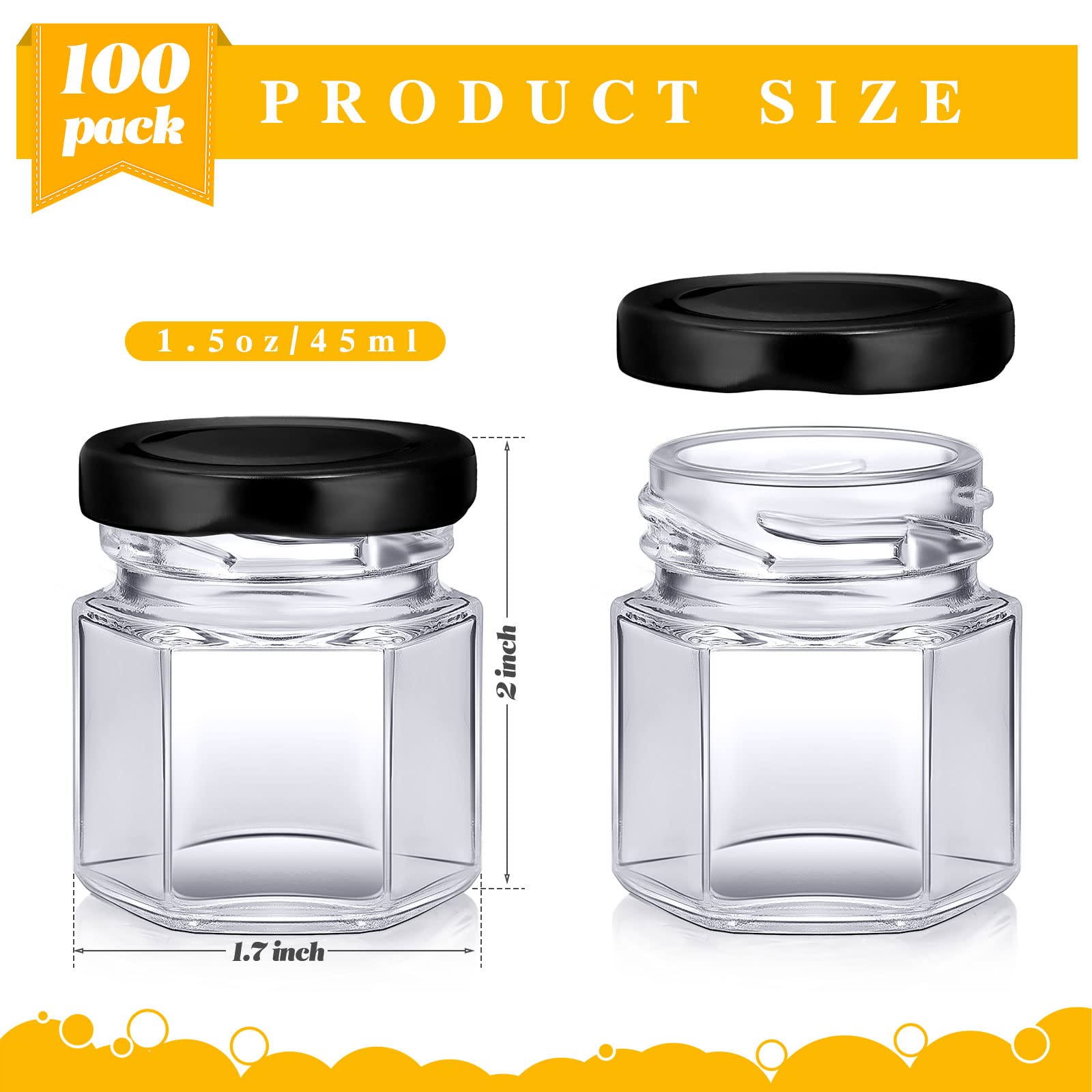 Nuogo 100 Pack 1.5oz Mini Hexagon Glass Jars Bulk for Wedding Small Honey Jars with Lids Spice Jars Canning Jars Mason Jars for Gifts Candy Honey Wedding Party Favors DIY Crafts(Black)