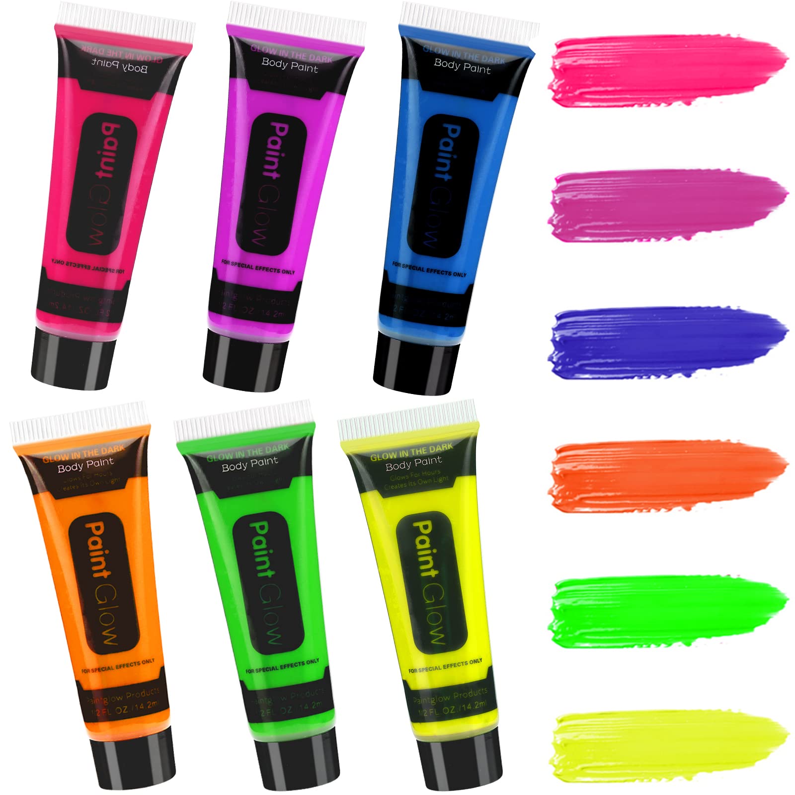 Boobeen Face & Body Paint Neon Fluorescent Glow Water Based Face Painting Kit UV Glow Water Activated Body Paint, in Dark Party Supplies, Set of 6 Tubes