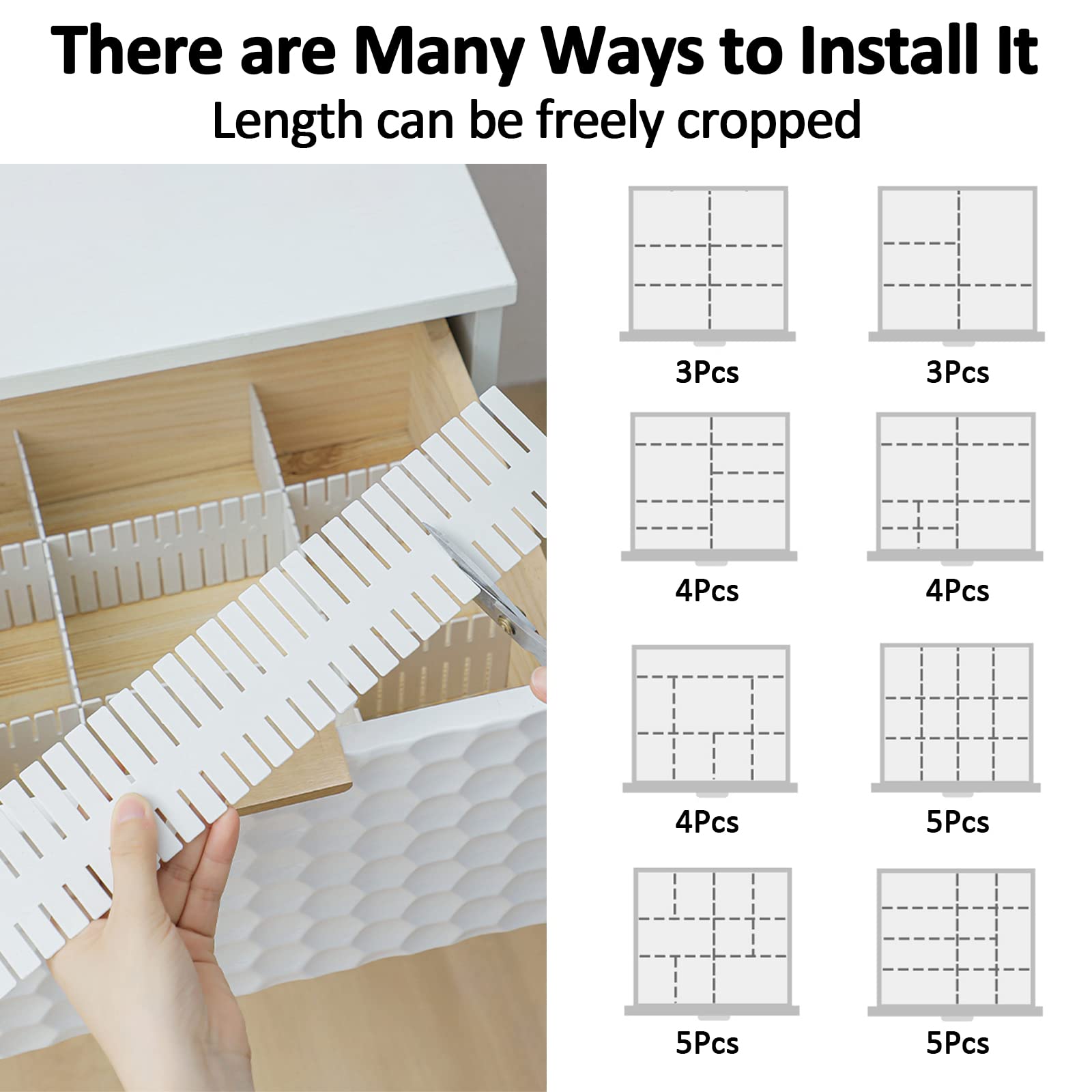 14.5 in White Adjustable Drawer Dividers, TWUTGAYW 8PC DIY Grid Drawer Organizer Dividers, Plastic Organizer Separator for Socks Underwear Makeup Cosmetic Clothes Can Help Tidy Kitchen Bedroom Dresser