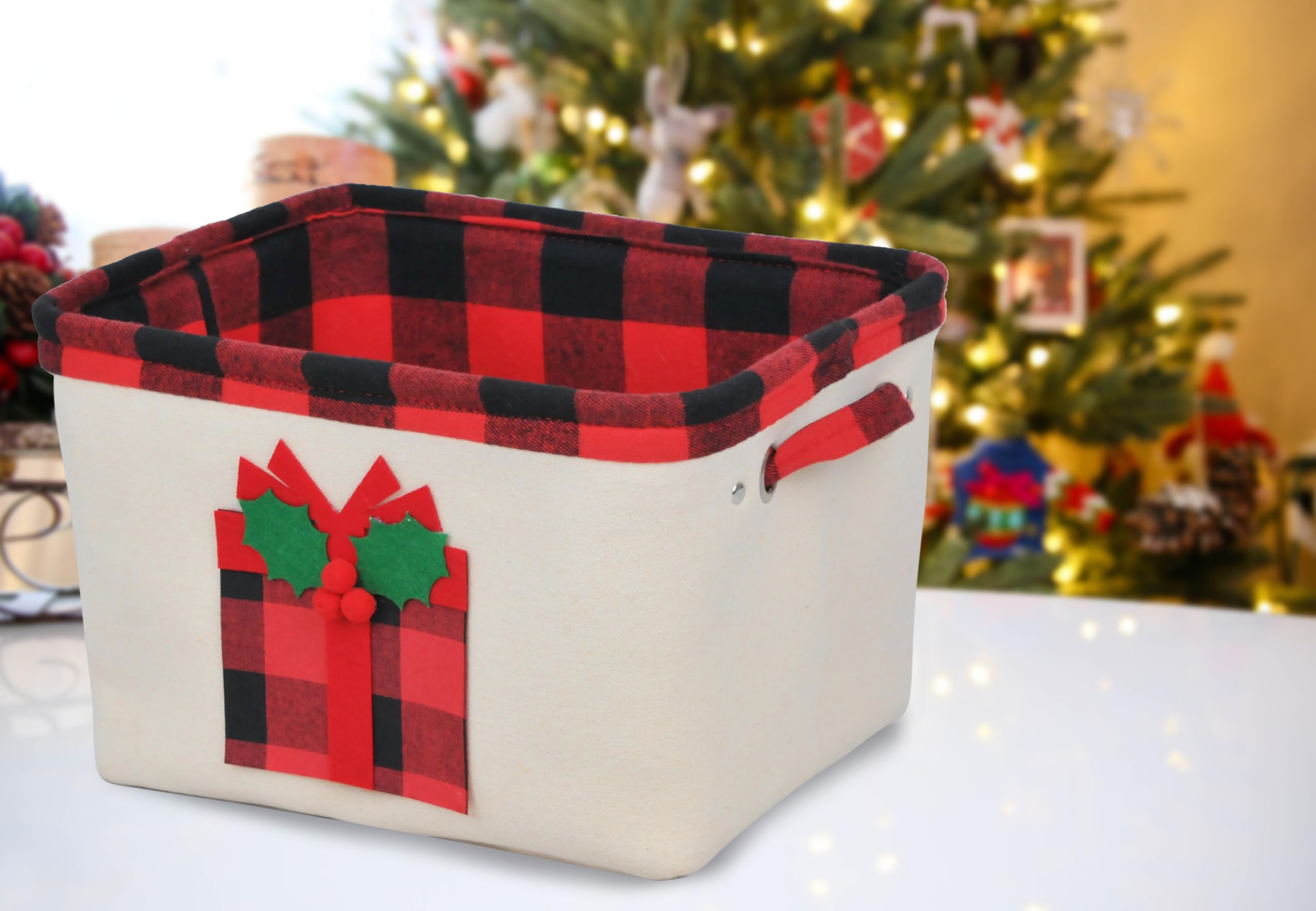 A Tisket A Tasket Christmas Gift, Christmas Decoration Storage Basket with Handle for Holiday Christmas Halloween, Christmas Surprise Pattern Large Collapsible Storage Box for Living Room 13"