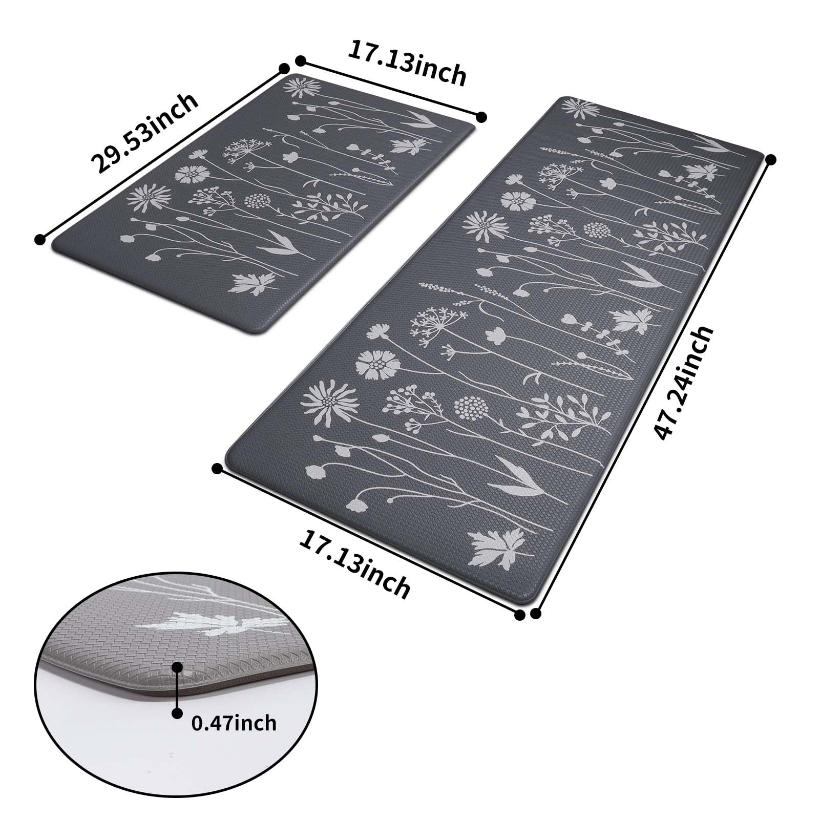 Rempry Kitchen Mat for Floor 0.47inch, Non Slip Thick Kitchen Rugs and Mat Set of 2, Waterproof Cushioned Anti Fatigue Kitchen Mat, 17"x47"+17"x29" Grey