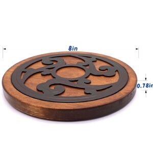 Cast Iron with Wood Trivets Set of 2, Wooden Trivets for Hot Dishes, 8-inch Round Kitchen Hot Pads for Table and Kitchen Counter- Heat Resistant, Rustproof, Non-Slip Durable, Hand Crafted (Black)