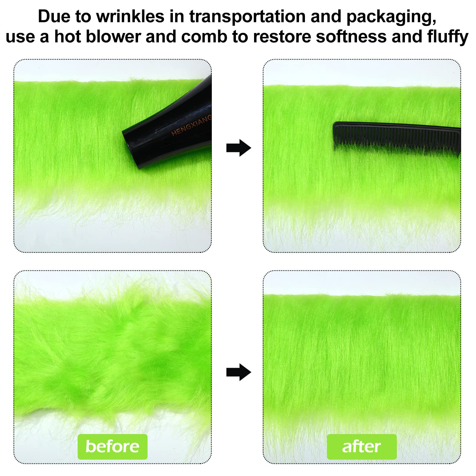 360 Inches Shaggy Plush Fake Fur Fabric Green Precut Faux Fur Strips Craft Fluffy Fuzzy Rolls of Fur 2" x 59" 4" x 59" DIY Faux Fur Ribbon for Gnomes Beard Hair Cosplay Costume Dwarf Decoration