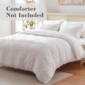 EMME White Duvet Cover Queen, Tufted Microfiber Comforter Cover Set, Textured Boho Bedding Sets Queen for All Seasons, 3 Pieces Duvet Cover Full, 1 Duvet Cover + 2 Pillowcases (White, Queen)