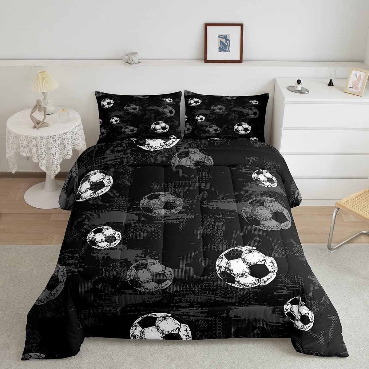 Erosebridal Football Bedding for Full Bed Soccer Comforter Sets for Boys Girls Ball Gamer Duvet Set Sport Themed Quilt Grey Black Grunge Comforter 3-Piece for Teens Bedroom Breathable Cozy Quilt Set