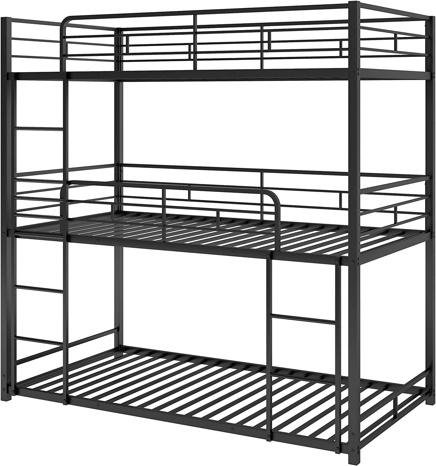 DNYN Twin Triple Bunk Bed with Built-in Ladder,Twin-Over-Twin-Over-Twin Size Metal Bunkbeds w/Safety Guardrails for Kids/Teen/Adults Bedroom,Home Furniture for Dorm,Guest Room, Black