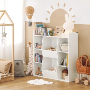 Haotian Kid's Bookshelf Children Bookcase with Toy Storage Organizer, Toddler Book Rack for Playroom, Book Holder for Nursery Classroom, White, KMB55-W