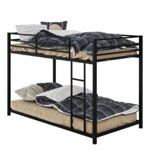 kotek metal bunk bed twin over twin, low bunk bed with sturdy guard rails & ladder, easy assembly, heavy-duty floor bunk bed frame for kids, teens (black)