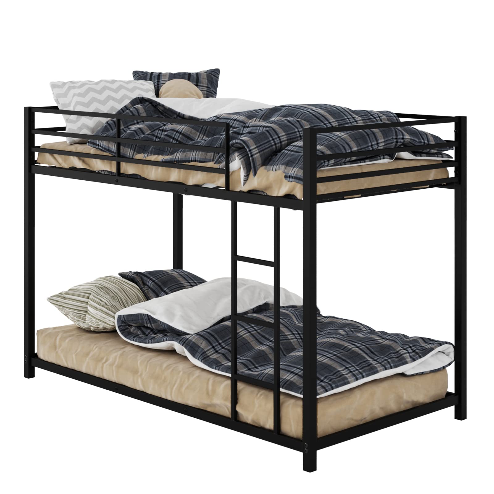 KOTEK Metal Bunk Bed Twin Over Twin, Low Bunk Bed with Sturdy Guard Rails & Ladder, Easy Assembly, Heavy-Duty Floor Bunk Bed Frame for Kids, Teens (Black)