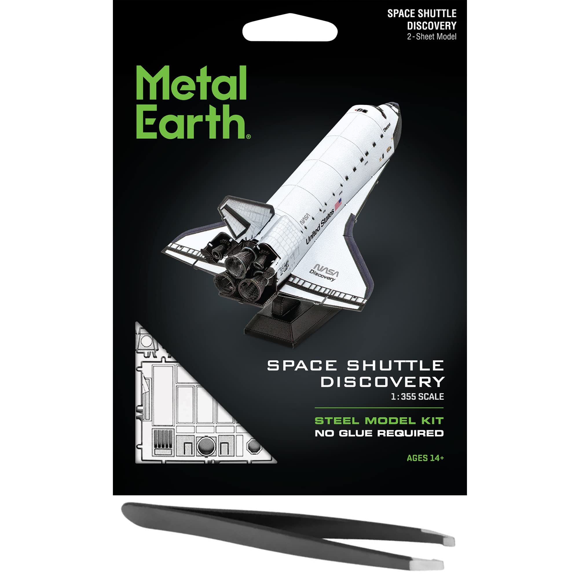 Metal Earth Fascinations Space Shuttle Discovery Color Version 3D Metal Model Kit Bundle with Tweezers