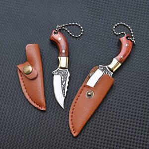 SZHOWORLD Ultra Small Fixed Blade Knife, 1.57 inch 5Cr Stainless Steel Blade with Brass+Colored Wood Handle, Mini Knife/Box Cutter with Leather Sheath for EDC Gift Collection Cutting