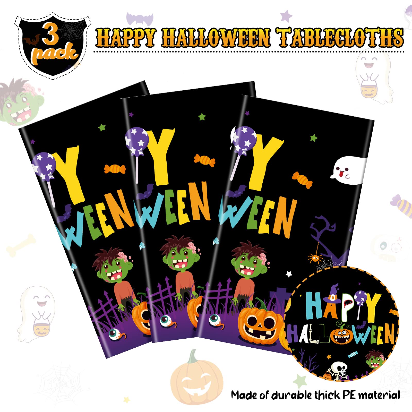 3 Pack Halloween Plastic Tablecloth Happy Halloween Black Rectangle Tablecloth Pumpkin and Ghost Tablecover Waterproof Spillproof Wipeable Tablecloth for Dinner Halloween Party Supplies 54 x 108 Inch