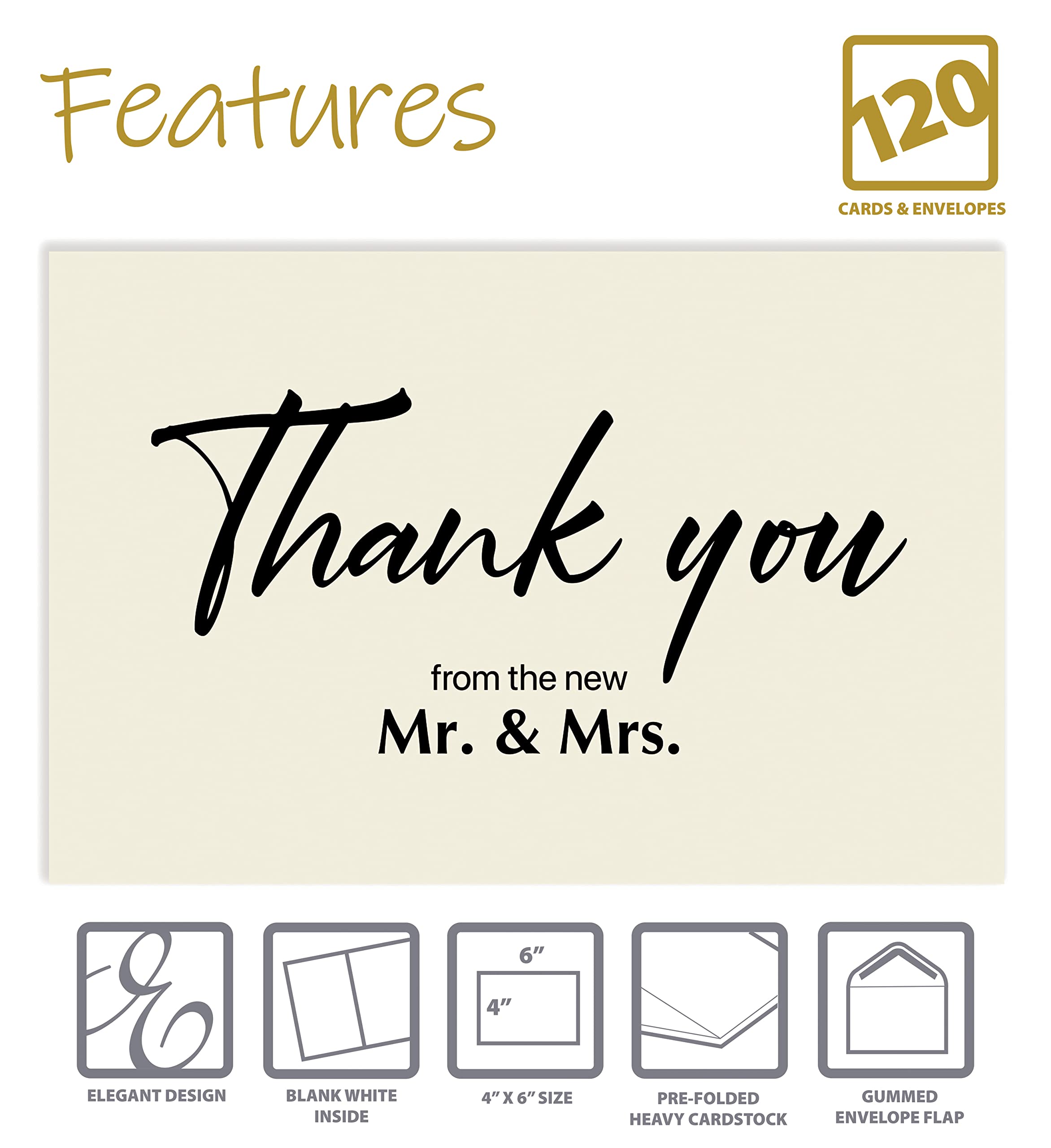 Better Office Products 120 Pack Wedding Thank You Cards with Envelopes, Thank You Cards From The New Mr and Mrs, 4 x 6 Inch, Blank Cards, Wedding Thank You Notes, 120 Count Boxed Set