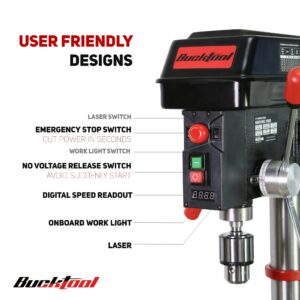 BUCKTOOL 12 INCH 6.2A Professional Bench Drill Press, 3/4HP Powerful Benchtop Drill Press, Variable Speed Drill Press with IIIA Laser and Work Light