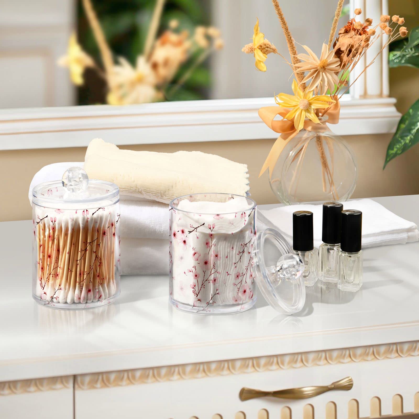 senya Clear Plastic Jars Cotton Swabs Cans, Cherry Blossom Branche Bathroom Canisters Storage Organizer with Lids 2PCs Set for Cotton Ball, Cotton Swab, flossers, Hair Bands