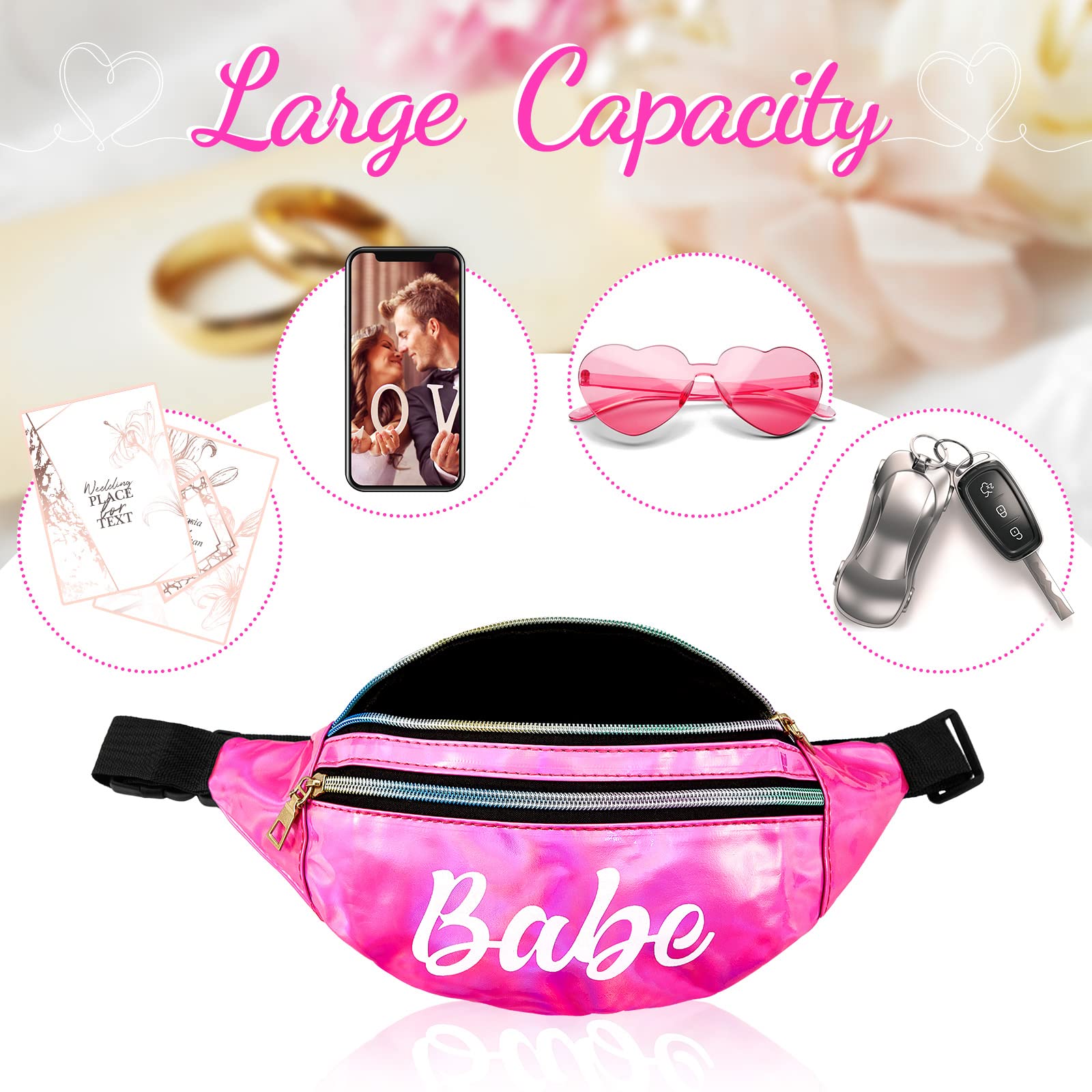 7 Pcs Bride Fanny Pack Bachelorette Bridesmaid Pack Holographic Belt Laser Waist Bag with Adjustable Belt for Women Wedding Bridal Shower Party Favors