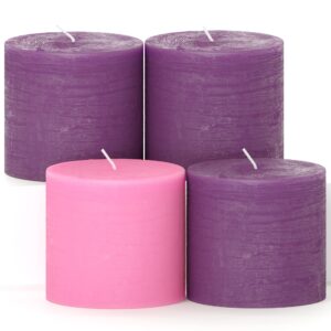 candwax 3x3 pillar advent candles set of 4 - rustic pillar candles unscented and no drip candles - ideal as candles for advent wreath or christmas decorations - purple set of advent pillar candles