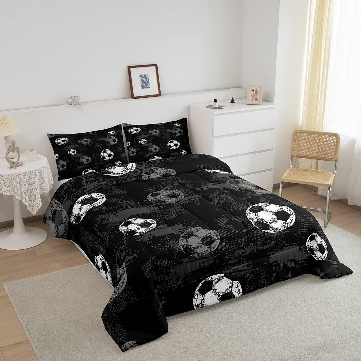 Erosebridal Football Bedding for Full Bed Soccer Comforter Sets for Boys Girls Ball Gamer Duvet Set Sport Themed Quilt Grey Black Grunge Comforter 3-Piece for Teens Bedroom Breathable Cozy Quilt Set