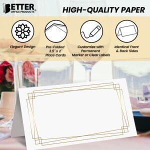 Better Office Products 100 Pack Place Cards, 2 x 3.5 in, White with Modern Metallic Gold Geometric Border, Folded Table Tent Cards for Weddings, Dinner Parties, Buffet Banquets,(100 Count)