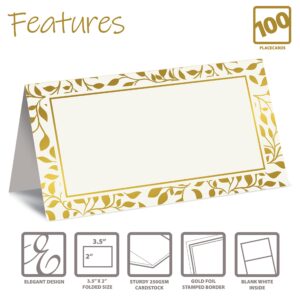 Better Office Products 100 Pack Place Cards, 2 x 3.5 in, White with Metallic Gold Leaf Foil Border, Folded Table Tent Cards for Weddings, Dinner Parties, Buffet Banquets,(100 Count)