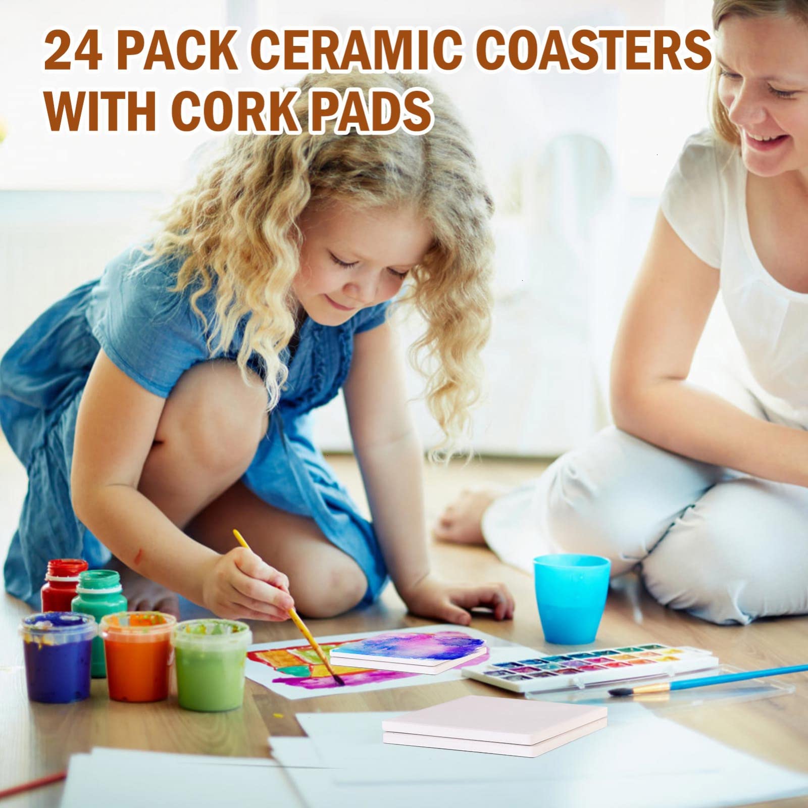 COYMOS 24 Pcs Ceramic Tiles for Crafts Ceramic Coasters for Crafts Blank White Unglazed Ceramic Tile for Painting, Alcohol Ink, Acrylic Pouring - DIY Coaster - Cork Backing Pads Included (4x4 inch)