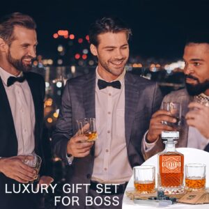 PONPUR Boss Gifts for Men, Decanter Set with Stones & Glasses, Best Boss Day Birthday Gift, Office Farewell Gifts for Boss, Mentor, Manager, Leader, Unique Christmas Presents