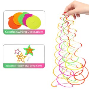 54 Pieces UV Hanging Swirl Paper Neon Star Garlands Neon Streamers Glow Party Supplies and Decorations Black Light Neon Decorations for Dark Glow Party UV Reactive Wedding Birthday Neon Party Favors