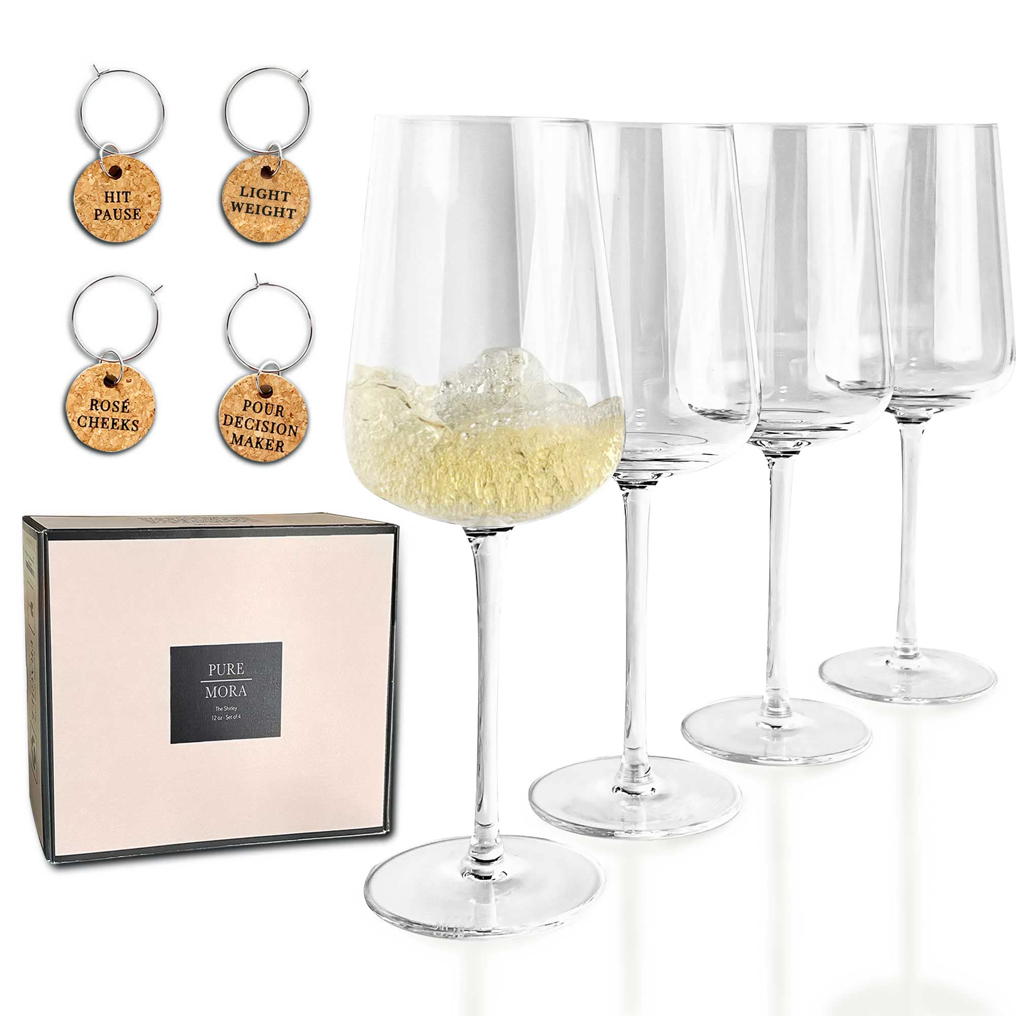 PURE MORA The Shirley White Wine Glasses - The Shirley - Set of 4, 12 oz, Classic Hand Blown Crystal Glass, Perfect for Tasting Rose, Chardonnay, Riesling Etc. Unique, Fancy, and Dishwasher Safe