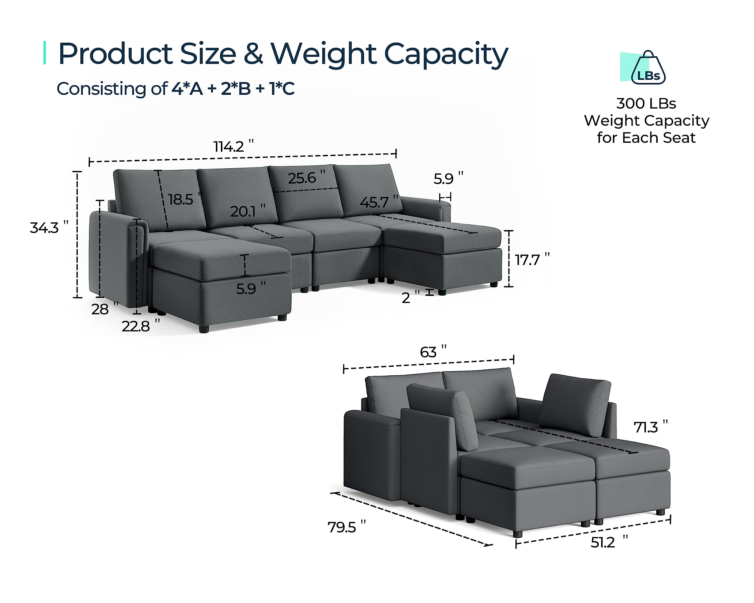 LINSY HOME Modular Sectional Sofa, Convertible U Shaped Sofa Couch with Storage, Memory Foam, Modular Sectionals with Ottomans, 6 Seat Sofa Couch with Chaise for Living Room, Dark Grey