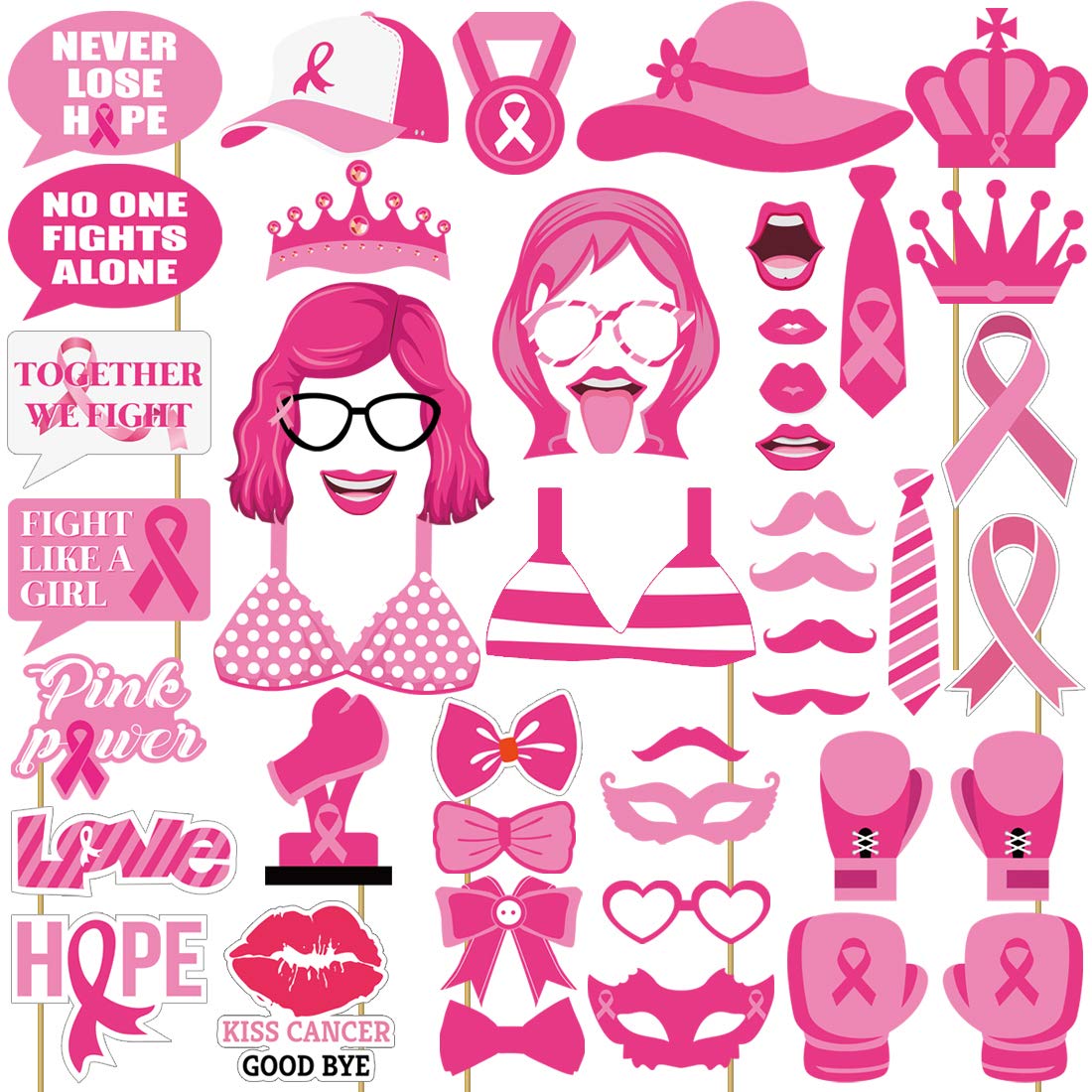 45PCS Breast Cancer Awareness Props - Pink Ribbon Photo Booth Fundraiser Charity Event Party Supplies Decorations