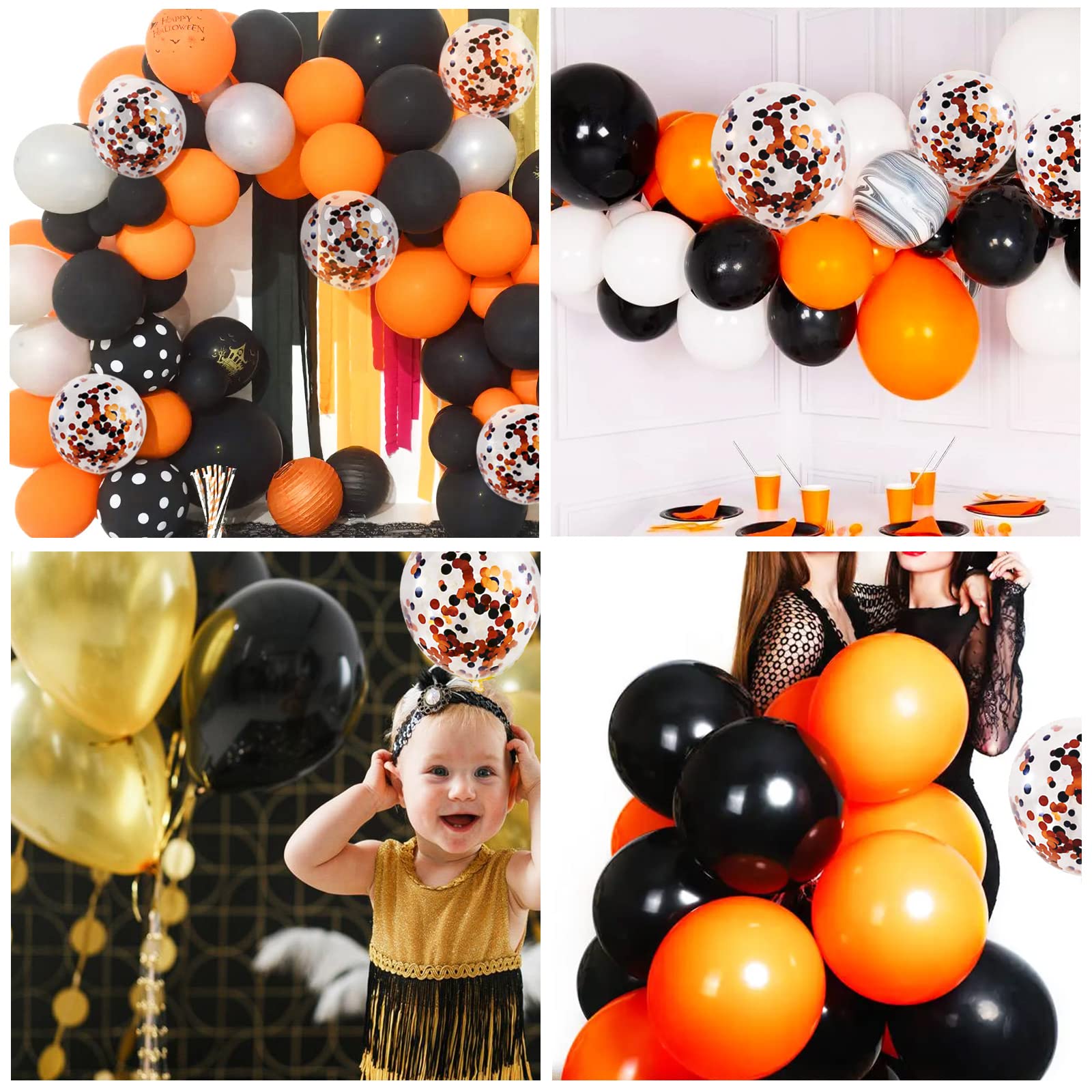 Orange and Black Balloons 50 Pack 12 Inch Black Orange Confetti Balloon Halloween Latex Party Balloons with 2 rolls of ribbon for Halloween Birthday Party Decorations