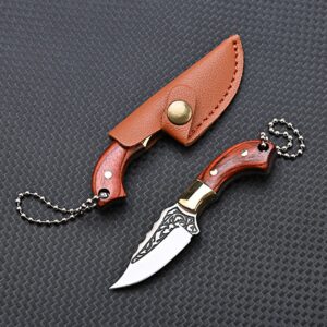 SZHOWORLD Ultra Small Fixed Blade Knife, 1.57 inch 5Cr Stainless Steel Blade with Brass+Colored Wood Handle, Mini Knife/Box Cutter with Leather Sheath for EDC Gift Collection Cutting