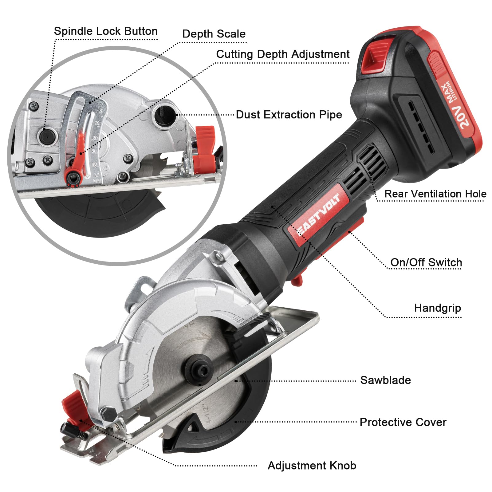 Eastvolt Mini Circular Saw, 20V Cordless Circular Saw with Scale Ruler, Dust Exhaust Pipe, Max Cutting Depth 1-11/16"(90°), 1-1/8"(45°), 4-1/2" 24T TCT Blade for Wood and Plastics