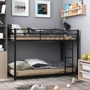 KOTEK Metal Bunk Bed Twin Over Twin, Low Bunk Bed with Sturdy Guard Rails & Ladder, Easy Assembly, Heavy-Duty Floor Bunk Bed Frame for Kids, Teens (Black)