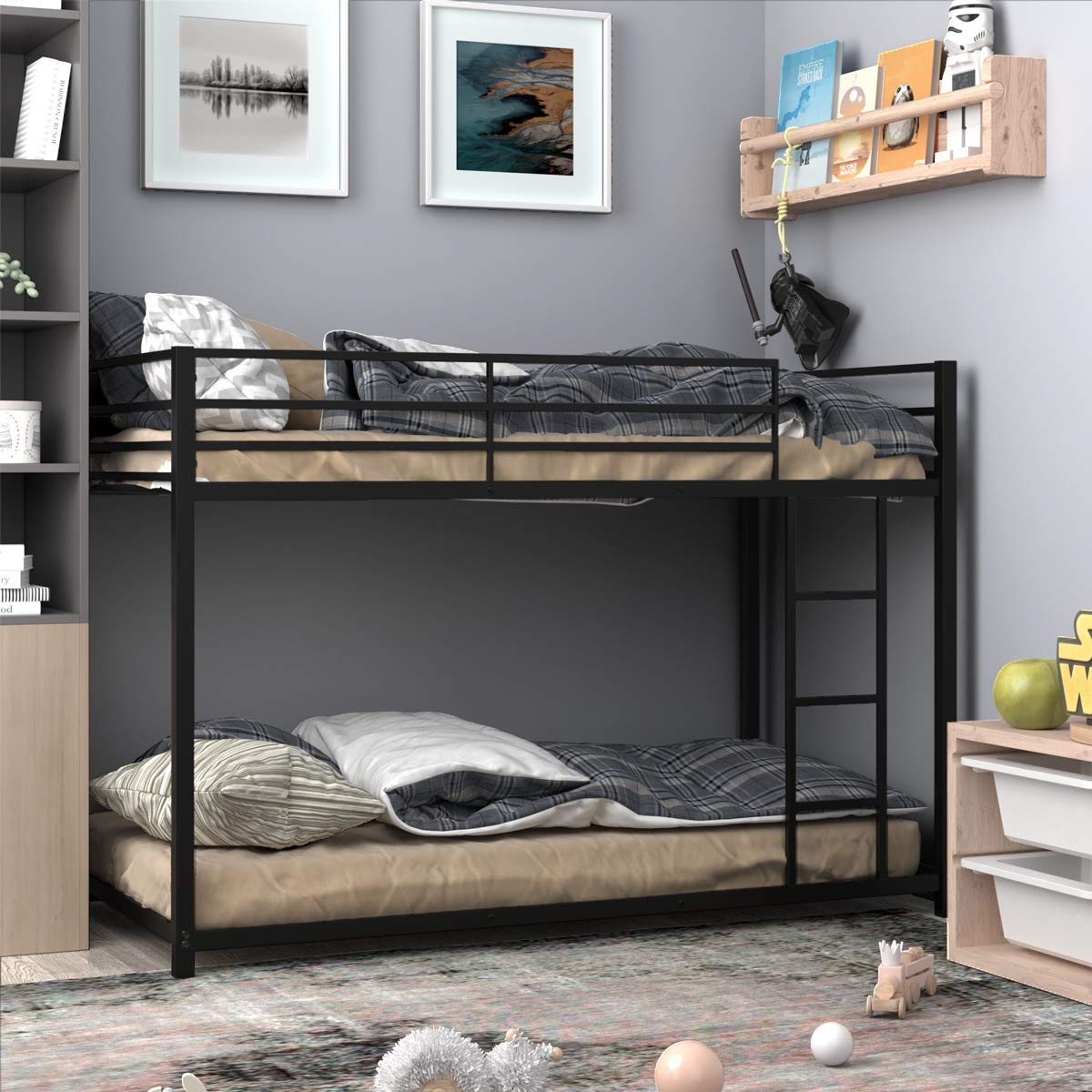 KOTEK Metal Bunk Bed Twin Over Twin, Low Bunk Bed with Sturdy Guard Rails & Ladder, Easy Assembly, Heavy-Duty Floor Bunk Bed Frame for Kids, Teens (Black)