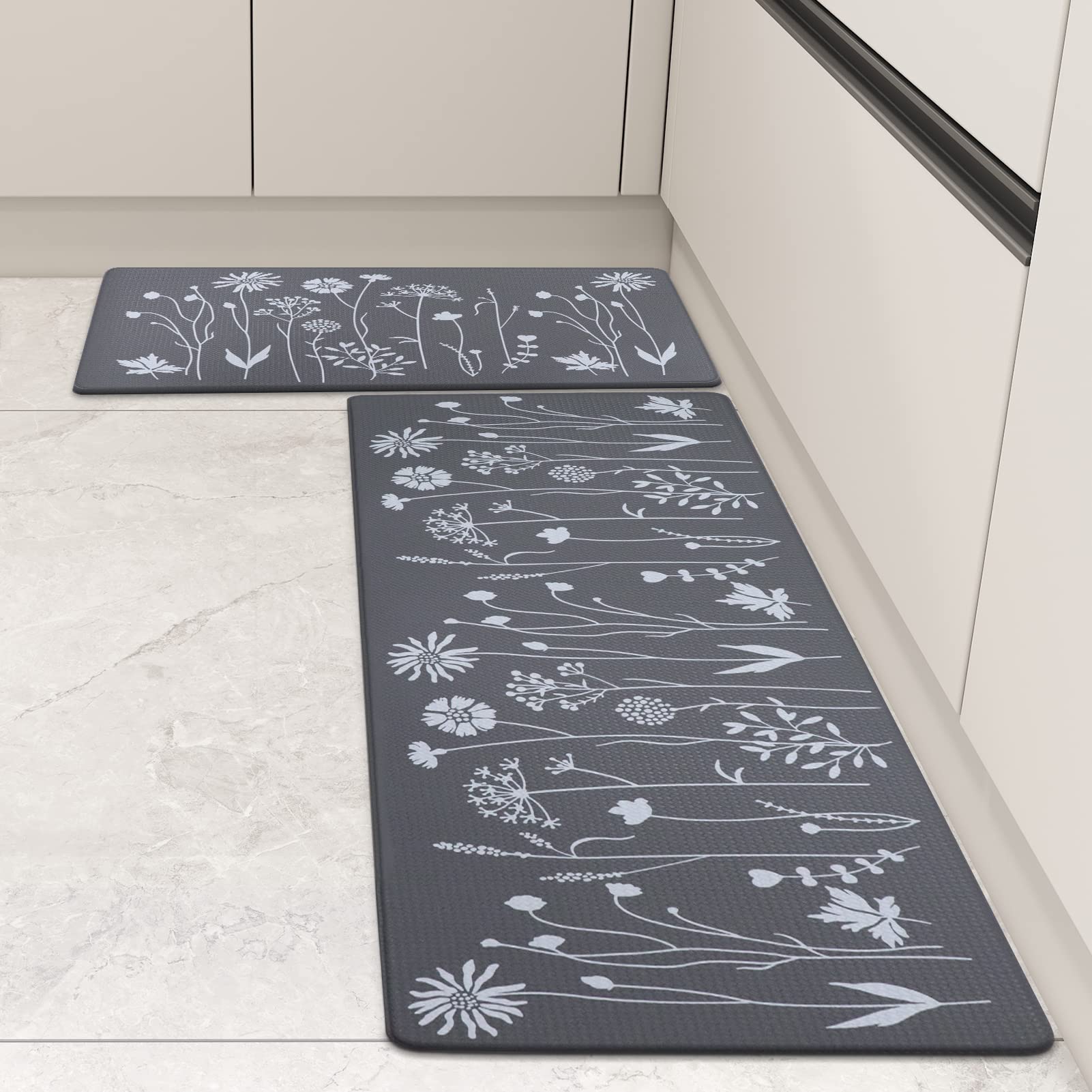 Rempry Kitchen Mat for Floor 0.47inch, Non Slip Thick Kitchen Rugs and Mat Set of 2, Waterproof Cushioned Anti Fatigue Kitchen Mat, 17"x47"+17"x29" Grey